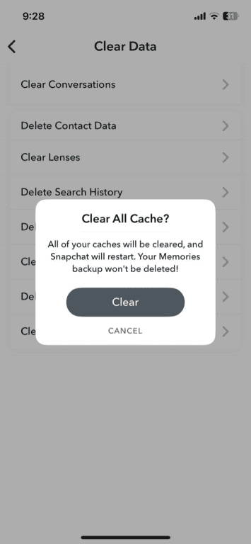 Snapchat app Clear All Cache? on iPhone over the Clear Data settings.