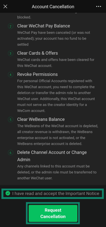 Requesting an account cancellation in the WeChat app.