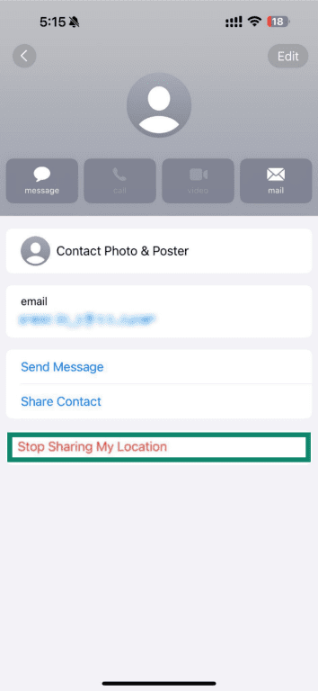 Contact screen with the Stop Sharing My Location option highlighted.
