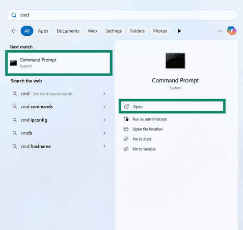 Search CMD and open the Command Prompt on Windows.