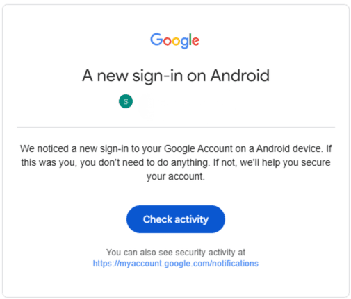 A Google email alert about suspicious activity detected, due to logging in on BlueStacks.