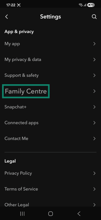Snapchat "Settings" menu with the "Family Center" option highlighted.