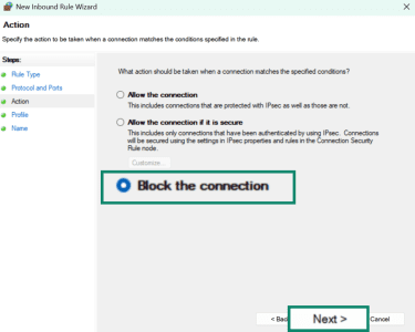 Windows New Inbound Rule Wizard with Block the connection option highlighted.