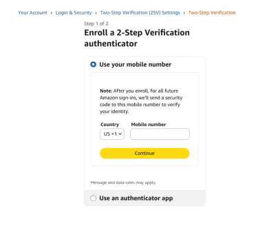 The "2-Step Verification" setup window in an Amazon account on desktop.