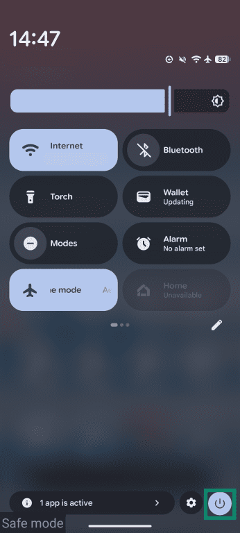 Android interface showing the Quick Settings panel with the power button available while safe mode is active.