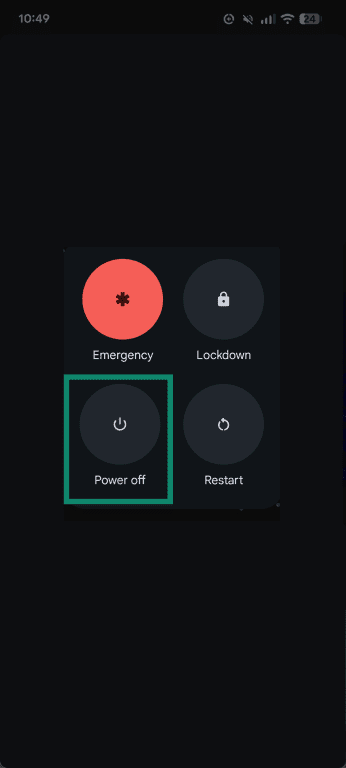 An Android power menu with the Power off button highlighted.