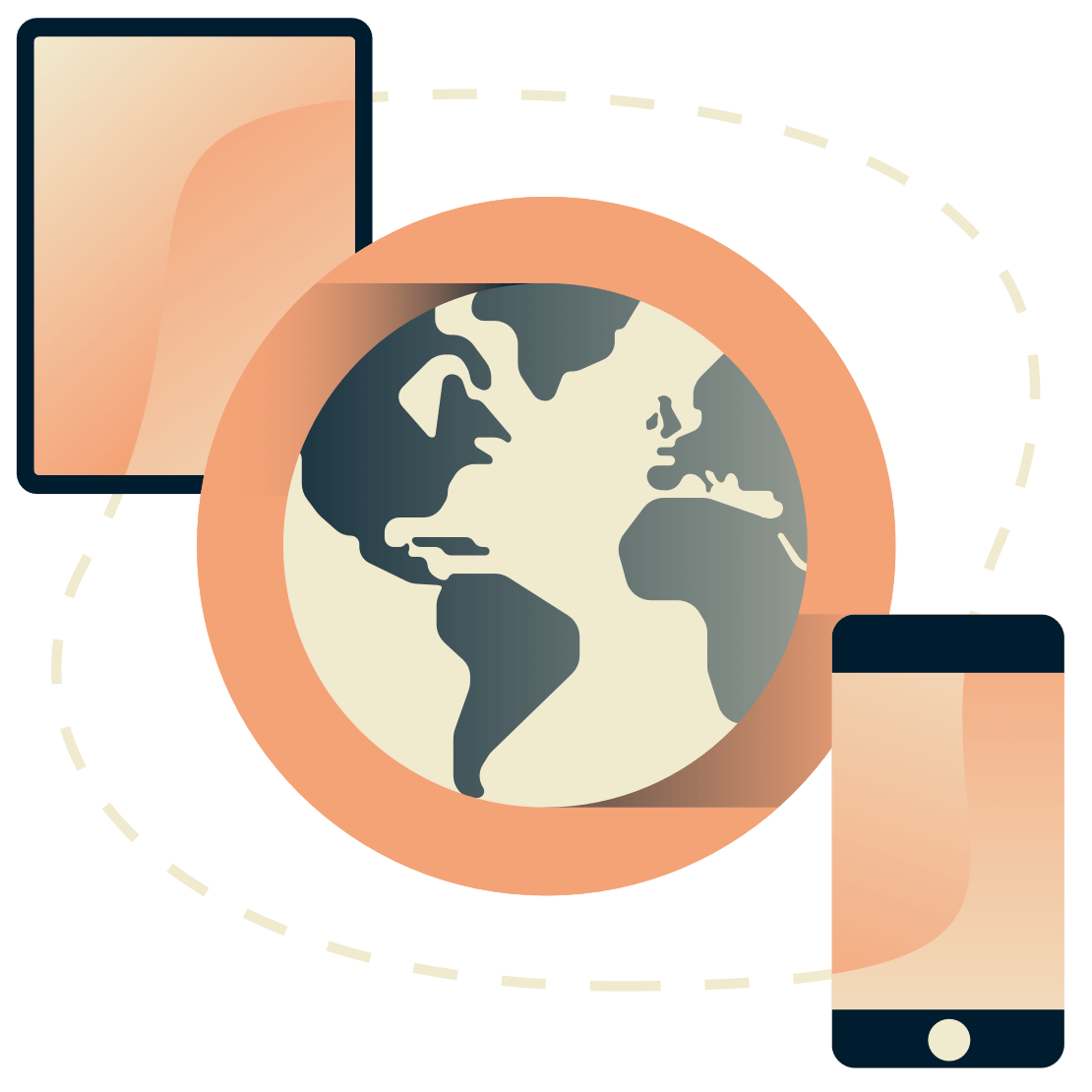 Tablet and phone surrounding a globe. 