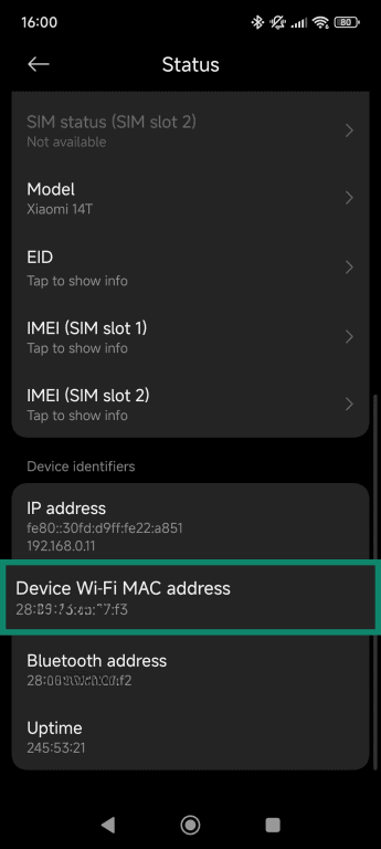 Android device's status screen, showing how to view the device's MAC address.