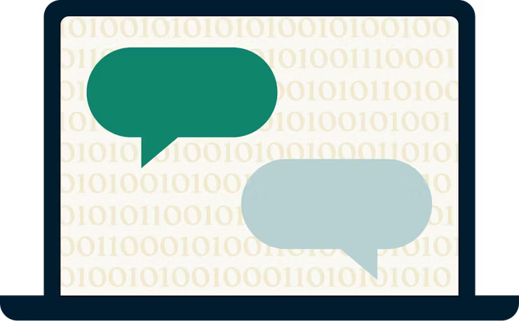 Binärer Code und Sprechblasen auf einem Laptop-Bildschirm.