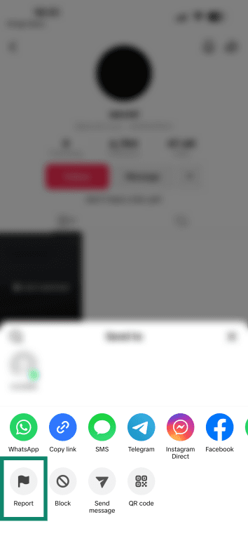 The Share menu on TikTok with the Report option highlighted.