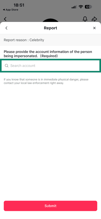 The final step of reporting an impersonator on TikTok, letting the platform know the impersonated account's handle.
