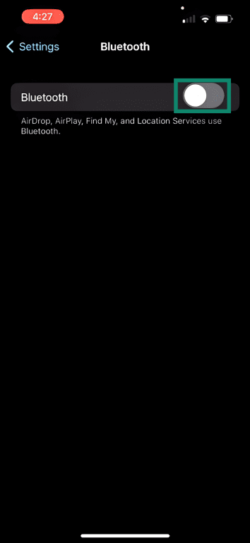 Highlight box around turning off Bluetooth on iPhone.