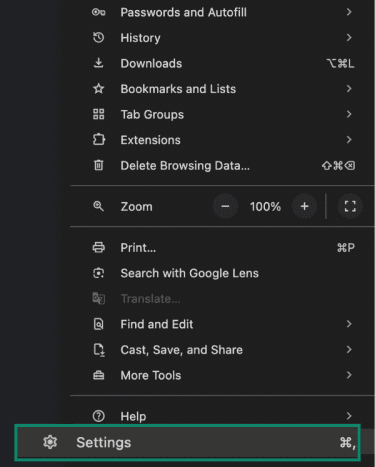 Chrome screen with Settings highlighted.