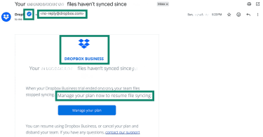 Authentic Dropbox email with green flags highlighted.