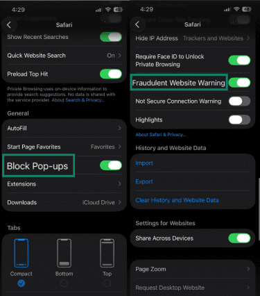 Block Pop-ups and Fraudulent Website Warning enabled on iPhone