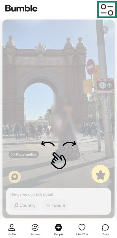 The primary Bumble swiping interface with a user's profile photo and the filter settings icon in the top right corner highlighted.