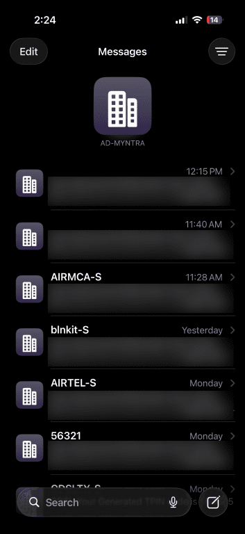 iPhone Messages list showing multiple messages from different senders.