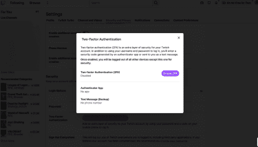 Twitch 2FA dialog showing Enable 2FA button.