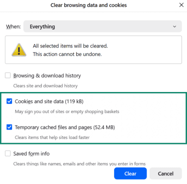 Firefox Clear browsing data and cookies settings with the Everything button highlighted.