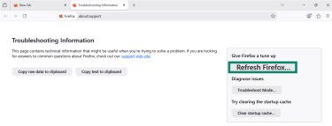 Firefox Troubleshooting information with Refresh Firefox button highlighted.