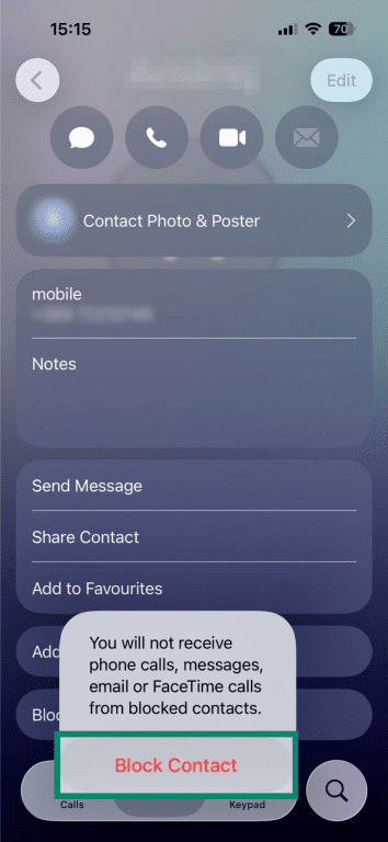 'Block Contact' confirmation pop-up highlighted in iPhone.