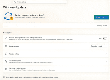 The Windows Update page on Windows 11. An update is ready to be installed, and the "Restart now" button is highlighted.