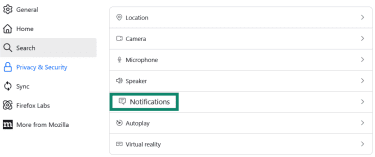 In the Firefox privacy and security settings, the Notifications section is highlighted.