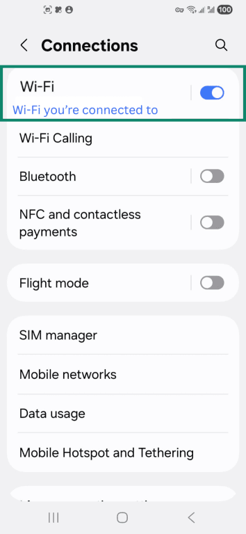Wi-Fi toggle on in Connections settings on Android