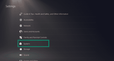 System settings on PlayStation 5.