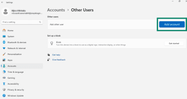 "Add account" option highlighted in the users section of a Microsoft account.