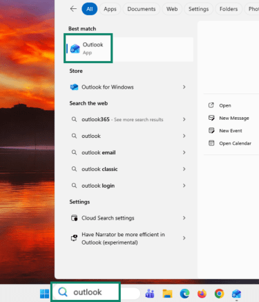 Outlook app highlighted in the start menu of Windows 11.