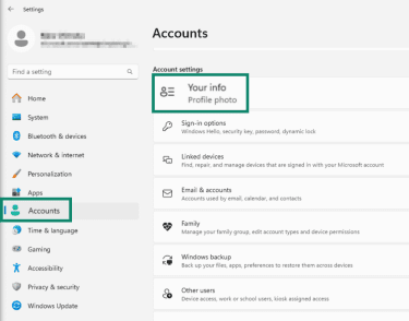 "Accounts" and "Your info" options highlighted in Windows 11.