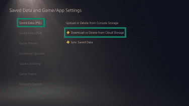 The "Saved Data and Game/App Settings" page on a PlayStation 5. The "Saved Data (PS5)" and "Download or Delete from Cloud Storage" options are highlighted.