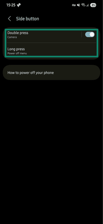 The Samsung Double press feature, showing that it was changed from Gemini to Camera.