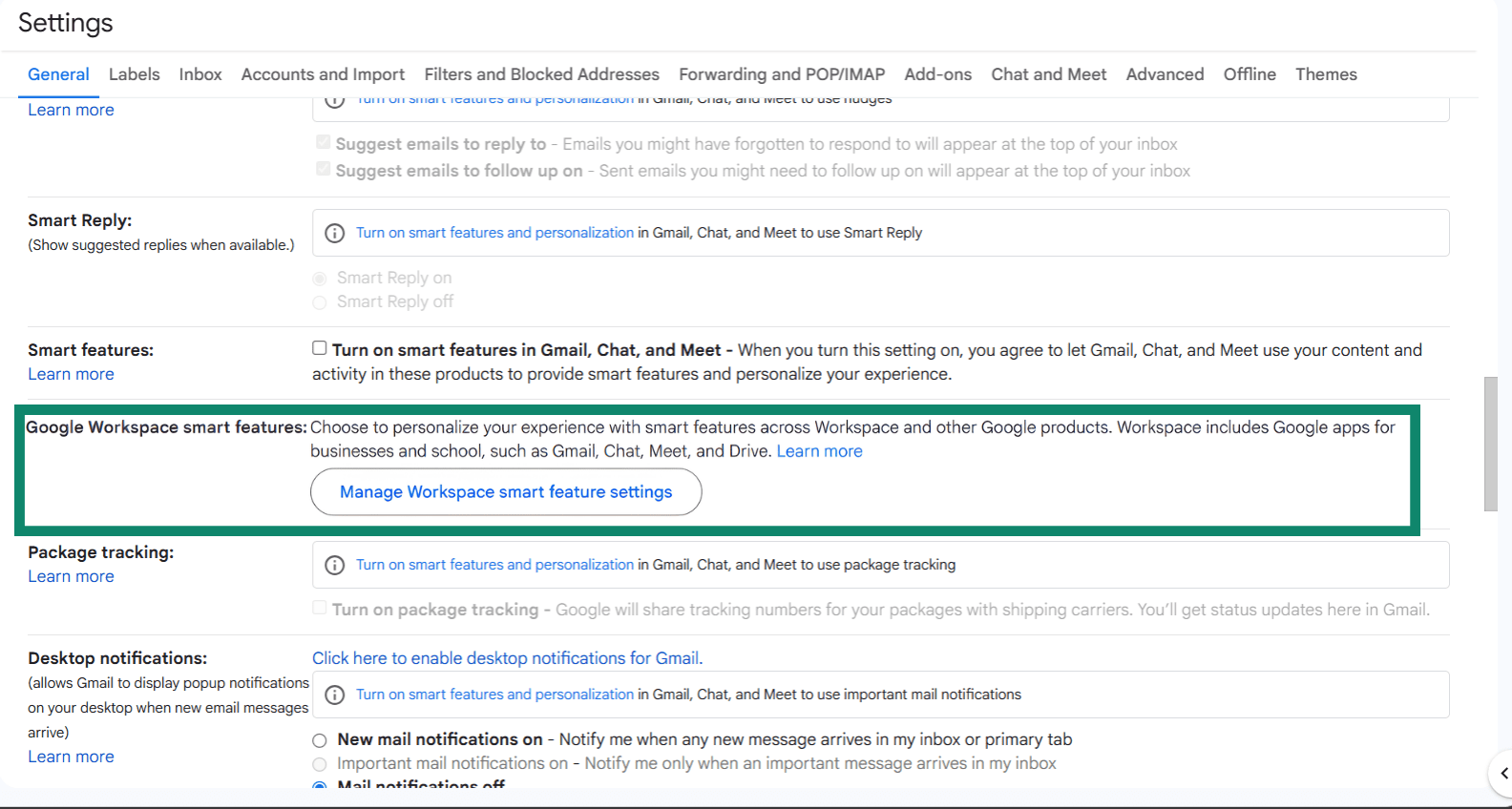 The Gmail settings menu, focusing on the Google Workspace smart features sub-menu.