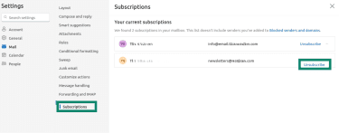Outlook Subscriptions settings showing current mailing lists and Unsubscribe buttons.