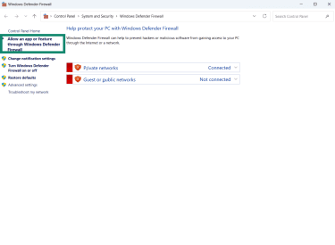 The Windows Defender firewall settings menu.