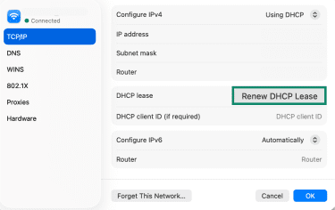 The TCP/IP settings page of the Wi-Fi menu on a Mac, showing the Renew DHCP Lease button.