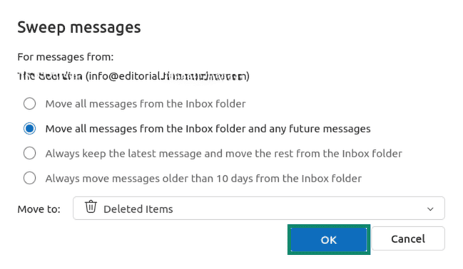 Outlook Sweep messages confirmation screen with the option to "Move all messages from the Inbox folder and any future messages" selected.