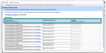 Gmail's Details pop-up, showing recent activity associated with a specific email account.