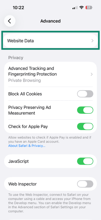 How to find website data on iPhone.
