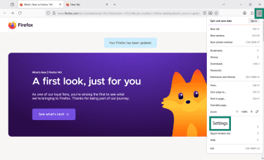 The Firefox desktop homepage, highlighting the Settings menu.