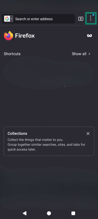 Firefox for Android's home page, highlighting the three dots to access the menu.