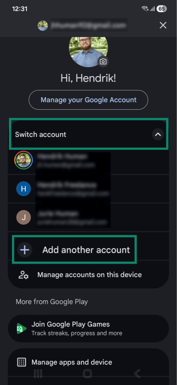 Samsung Android Google Play Store account management dashboard with the Add another account option highlighted.