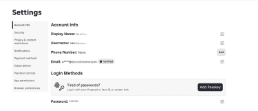 Roblox Account Info settings screen.