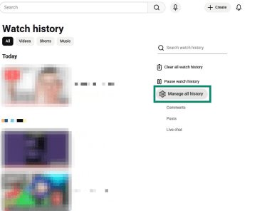 YouTube Watch history open with Manage all history option highlighted
