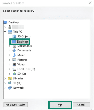 Choosing a location for SD file recovery.