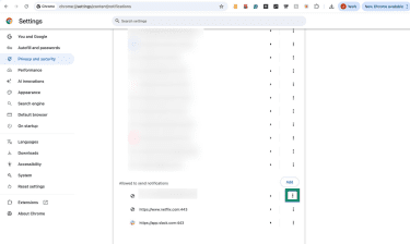 Chrome Privacy and security notifications settings page