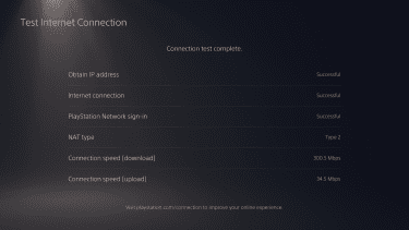 The PlayStation Test Internet Connection screen, showcasing a finished connection test.