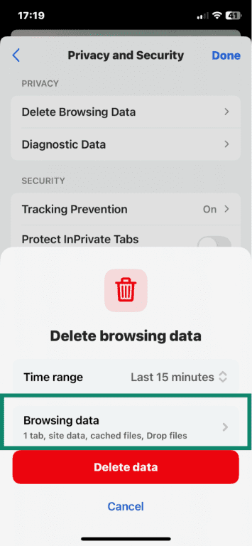 Edge on iOS Privacy and Security settings with Delete browsing data pop-up showing Browsing data